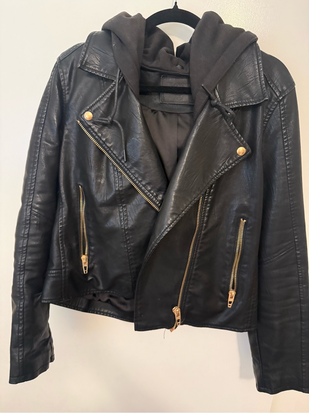Blank NYC Black Faux Leather Moto Jacket with Gold Hardware and Hood